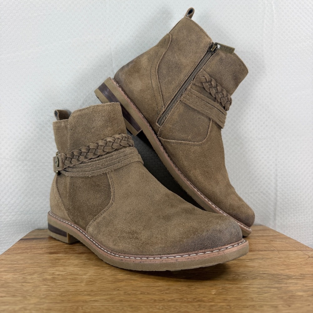 Earth Women Size 9M Beige Suede Leather Braided Ankle Boots Side Zip Low Heel